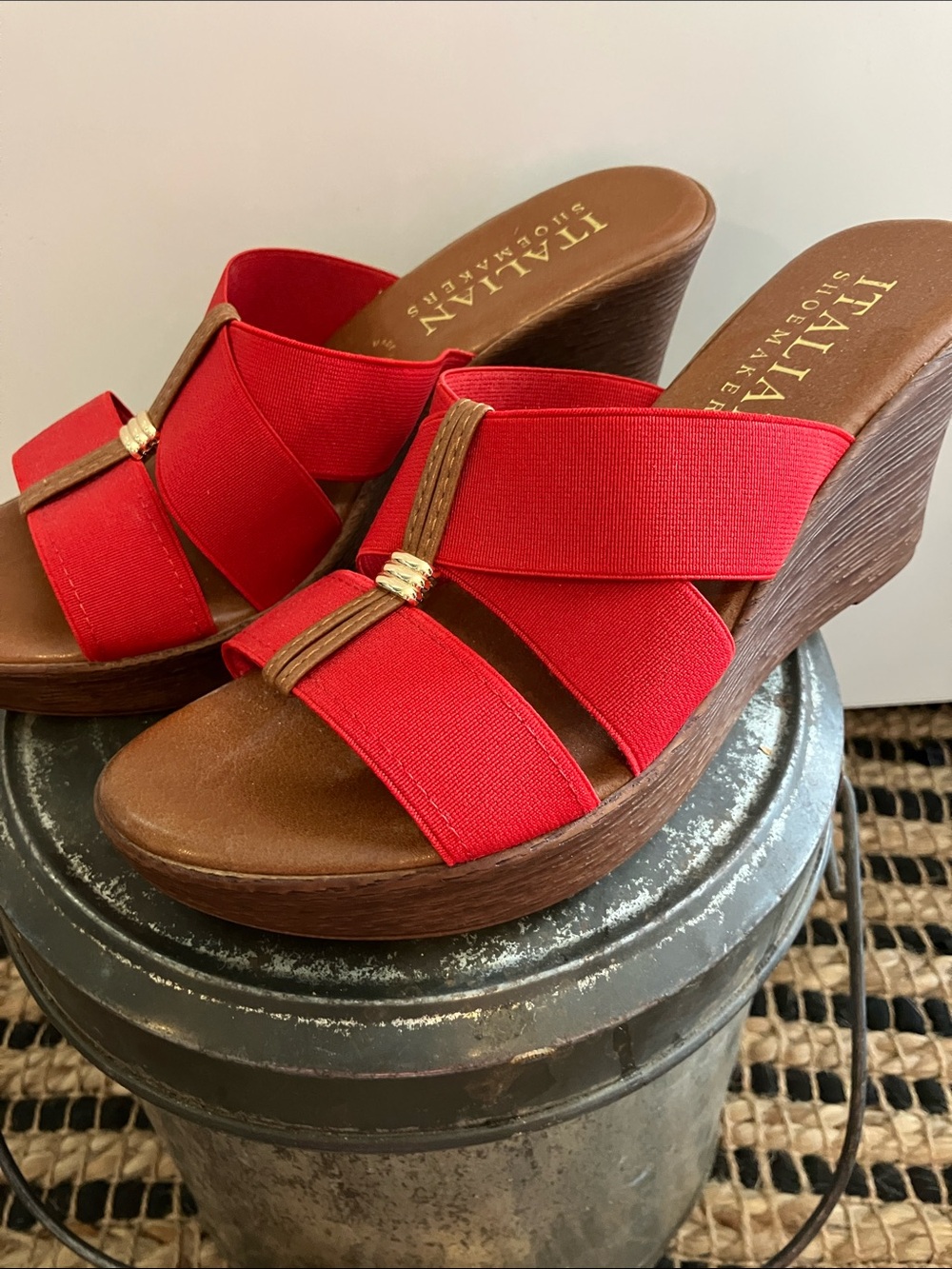 Italian Shoemakers Red Fabric Crisscross Wedge Slides with Wood-Look Platform